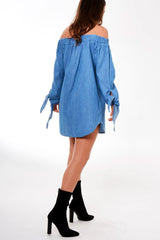 Denim Bardot Embroidered Mini Dress - Lena-Dresses
