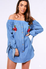 Denim Bardot Embroidered Mini Dress - Lena-Dresses
