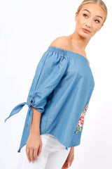 Denim Bardot Floral Embroidered Top - Cerise-Tops
