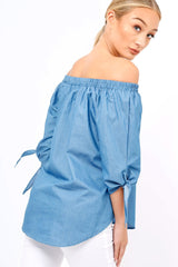 Denim Bardot Floral Embroidered Top - Cerise-Tops