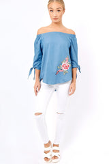 Denim Bardot Floral Embroidered Top - Cerise-Tops