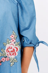 Denim Bardot Floral Embroidered Top - Cerise-Tops
