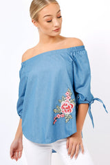 Denim Bardot Floral Embroidered Top - Cerise-Tops