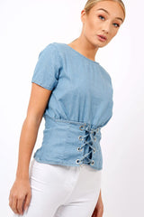 Denim Blue Corset Tee - Marla-Tops