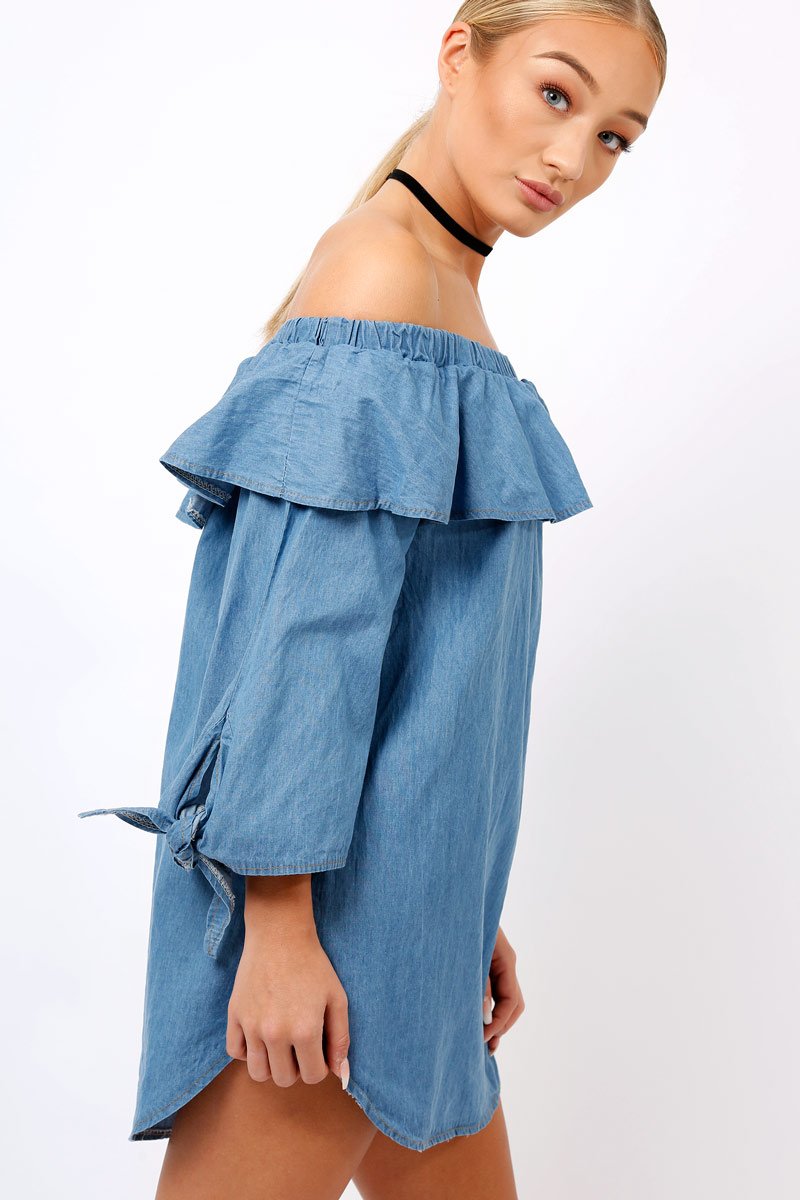 Denim Blue Frill Bardot Dress - Layna-Dresses