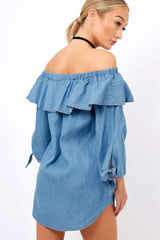 Denim Blue Frill Bardot Dress - Layna-Dresses