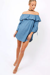 Denim Blue Frill Bardot Dress - Layna-Dresses