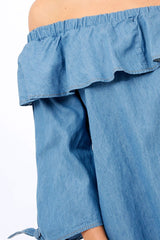 Denim Blue Frill Bardot Dress - Layna-Dresses