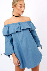 Denim Blue Frill Bardot Dress - Layna-Dresses