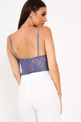 Denim Blue Lace Flower Bodysuit - Faylen-Bodysuits