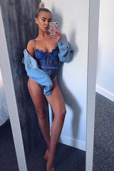 Denim Blue Lace Flower Bodysuit - Faylen-Bodysuits