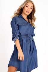 Denim Button Down Tie Waist Shirt Dress - Delores-Dresses