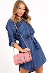 Denim Button Down Tie Waist Shirt Dress - Delores-Dresses