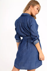 Denim Button Down Tie Waist Shirt Dress - Delores-Dresses