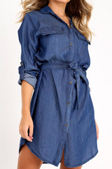 Denim Button Down Tie Waist Shirt Dress - Delores-Dresses