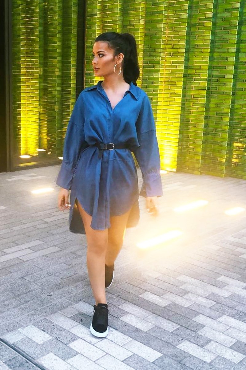 Denim Button Down Tie Waist Shirt Dress - Delores-Dresses