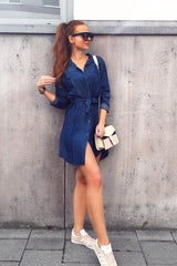 Denim Button Down Tie Waist Shirt Dress - Delores-Dresses