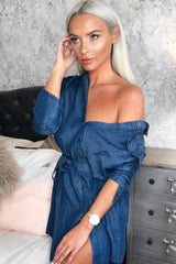 Denim Button Down Tie Waist Shirt Dress - Delores-Dresses