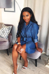 Denim Button Down Tie Waist Shirt Dress - Delores-Dresses