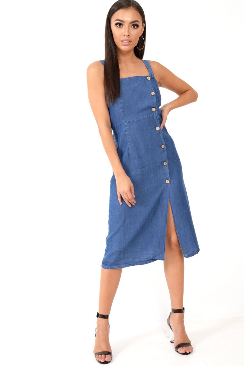 Denim Button Front Wide Strap Midi Dress - Raffaella-Dresses