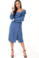 Denim Button Front Wide Strap Midi Dress - Raffaella-Dresses
