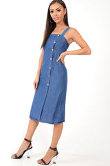 Denim Button Front Wide Strap Midi Dress - Raffaella-Dresses