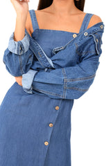 Denim Button Front Wide Strap Midi Dress - Raffaella-Dresses