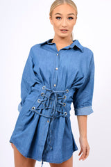 Denim Corset Front Shirt Dress - Malika-Shirts