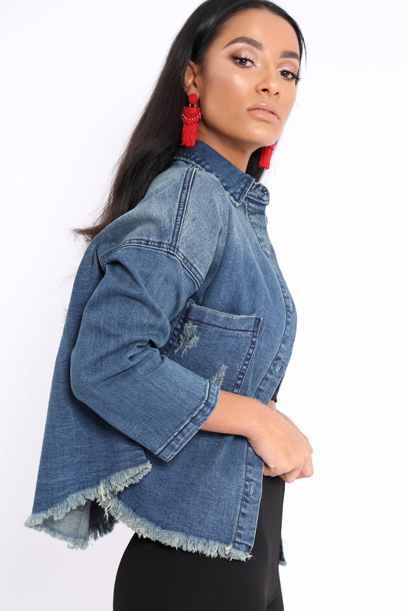 Denim Distressed Frayed Hem jacket - Violetta-Denim Jackets