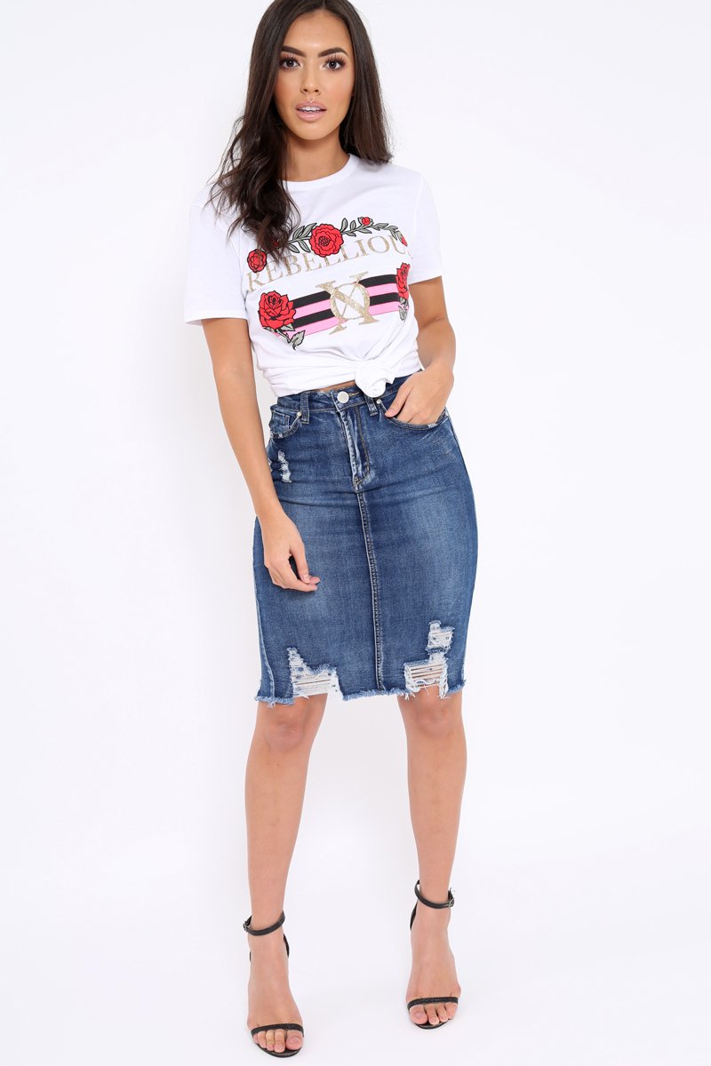 Denim Distressed Midi Skirt - Diana-Skirts