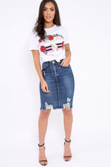 Denim Distressed Midi Skirt - Diana-Skirts