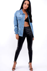 Denim Distressed Oversized Jacket with Floral Embroidery - Preena-Denim Jackets