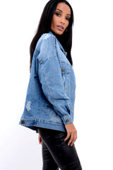 Denim Distressed Oversized Jacket with Floral Embroidery - Preena-Denim Jackets