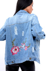 Denim Distressed Oversized Jacket with Floral Embroidery - Preena-Denim Jackets