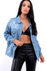 Denim Distressed Oversized Jacket with Floral Embroidery - Preena-Denim Jackets