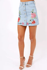 Denim Embroidered Button Front Skirt - River-Skirts
