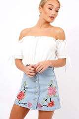 Denim Embroidered Button Front Skirt - River-Skirts