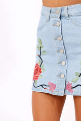 Denim Embroidered Button Front Skirt - River-Skirts