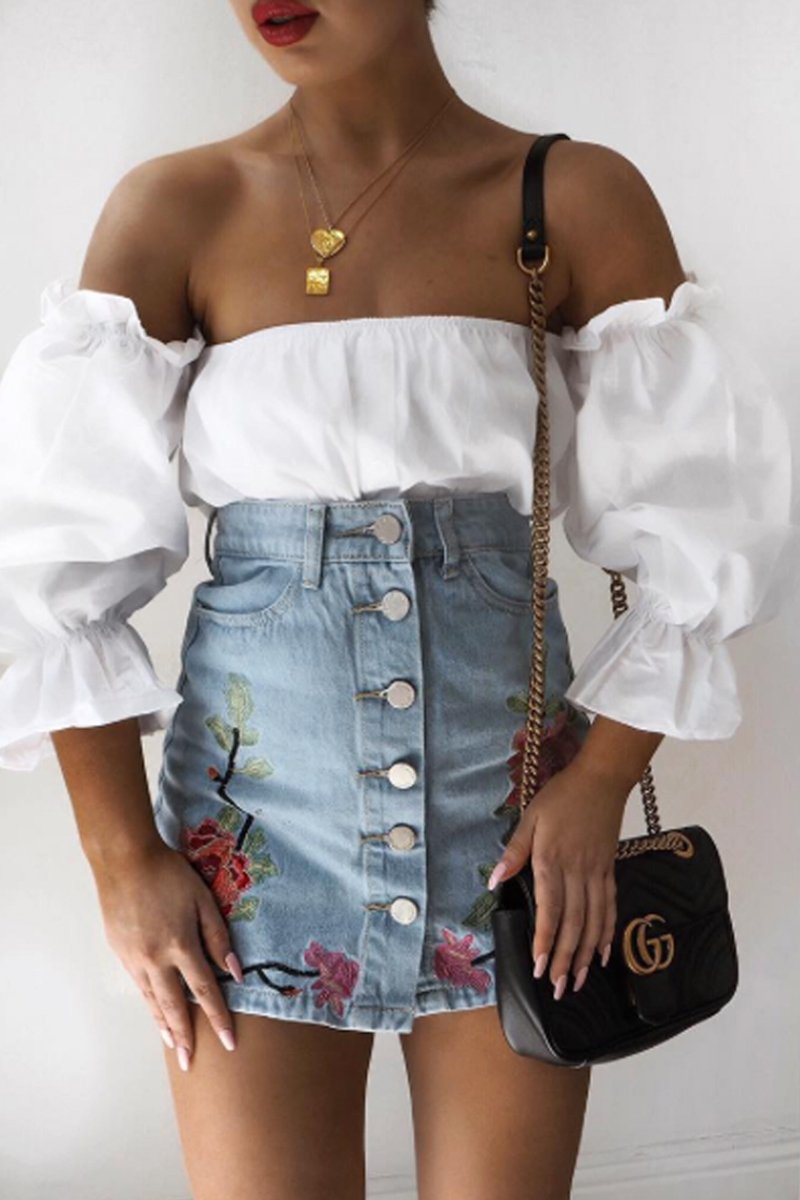 Denim Embroidered Button Front Skirt - River-Skirts