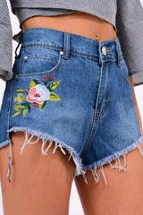 Denim Floral Embroidered High Waisted Shorts - Lyra-Shorts