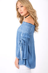 Denim Off Shoulder Tie Sleeve Top - Sammy-Tops