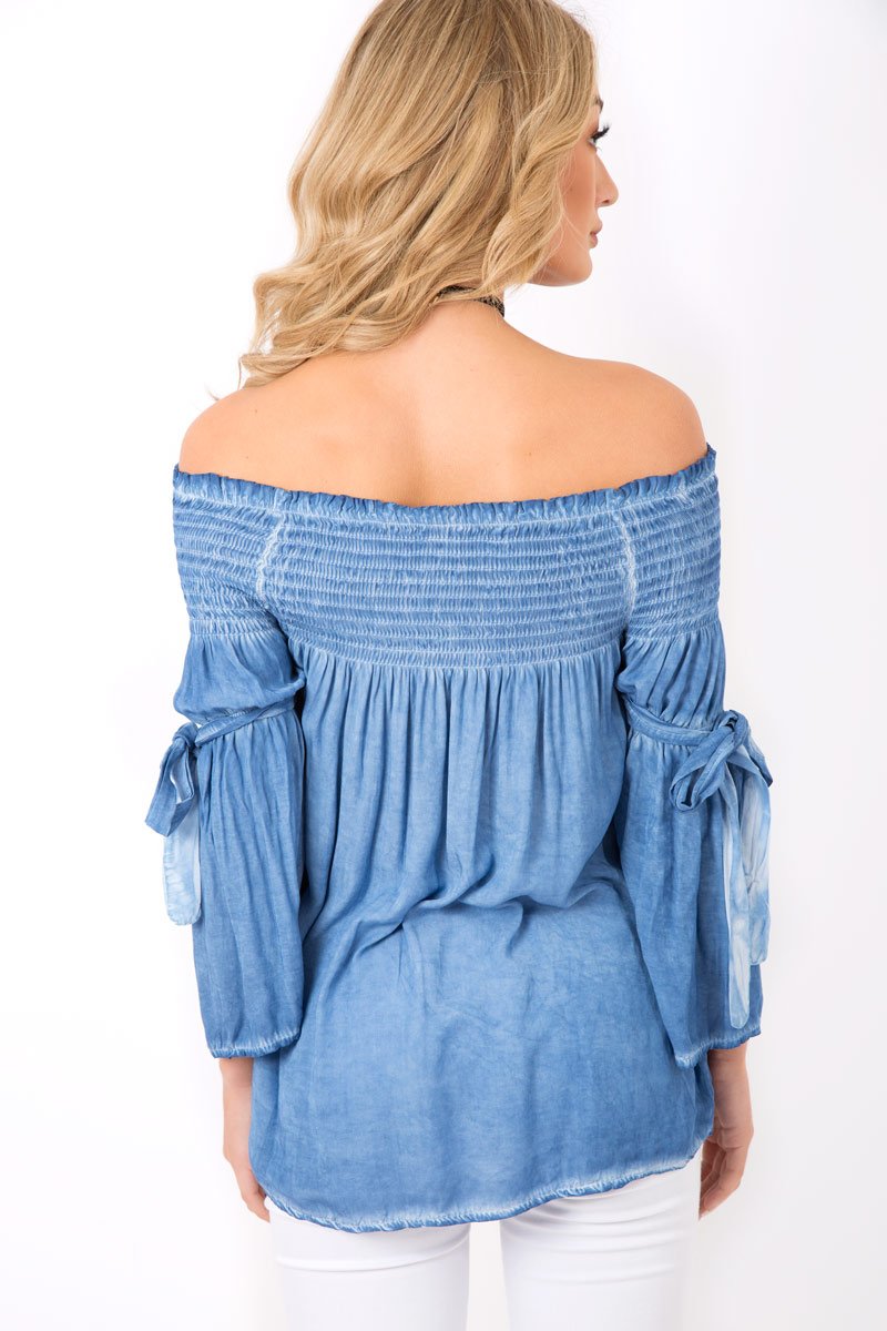 Denim Off Shoulder Tie Sleeve Top - Sammy-Tops