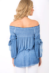 Denim Off Shoulder Tie Sleeve Top - Sammy-Tops