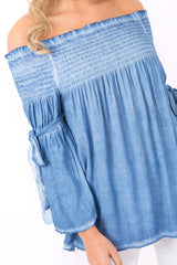 Denim Off Shoulder Tie Sleeve Top - Sammy-Tops