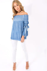 Denim Off Shoulder Tie Sleeve Top - Sammy-Tops
