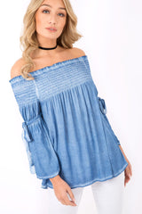 Denim Off Shoulder Tie Sleeve Top - Sammy-Tops