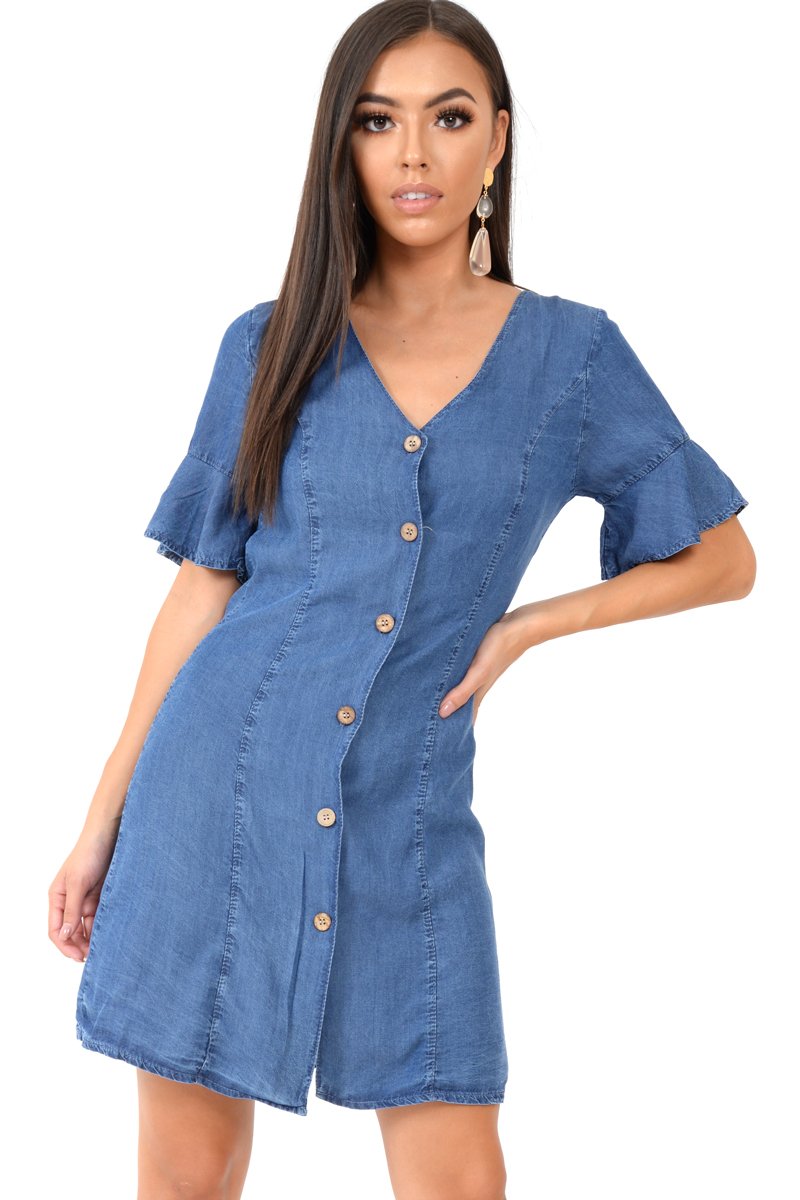 Denim Plunge Short Sleeve Mini Shift Dress - Valeda-Dresses