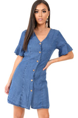 Denim Plunge Short Sleeve Mini Shift Dress - Valeda-Dresses
