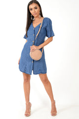 Denim Plunge Short Sleeve Mini Shift Dress - Valeda-Dresses