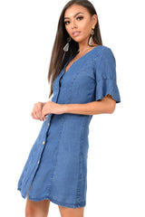 Denim Plunge Short Sleeve Mini Shift Dress - Valeda-Dresses